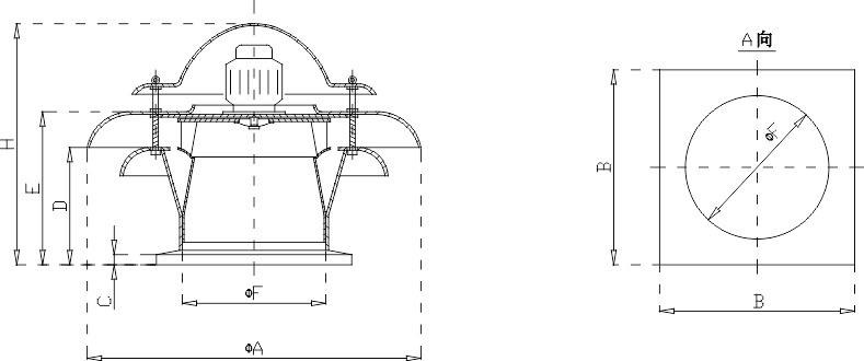 璃钢离心式屋顶风机安装尺寸示意图